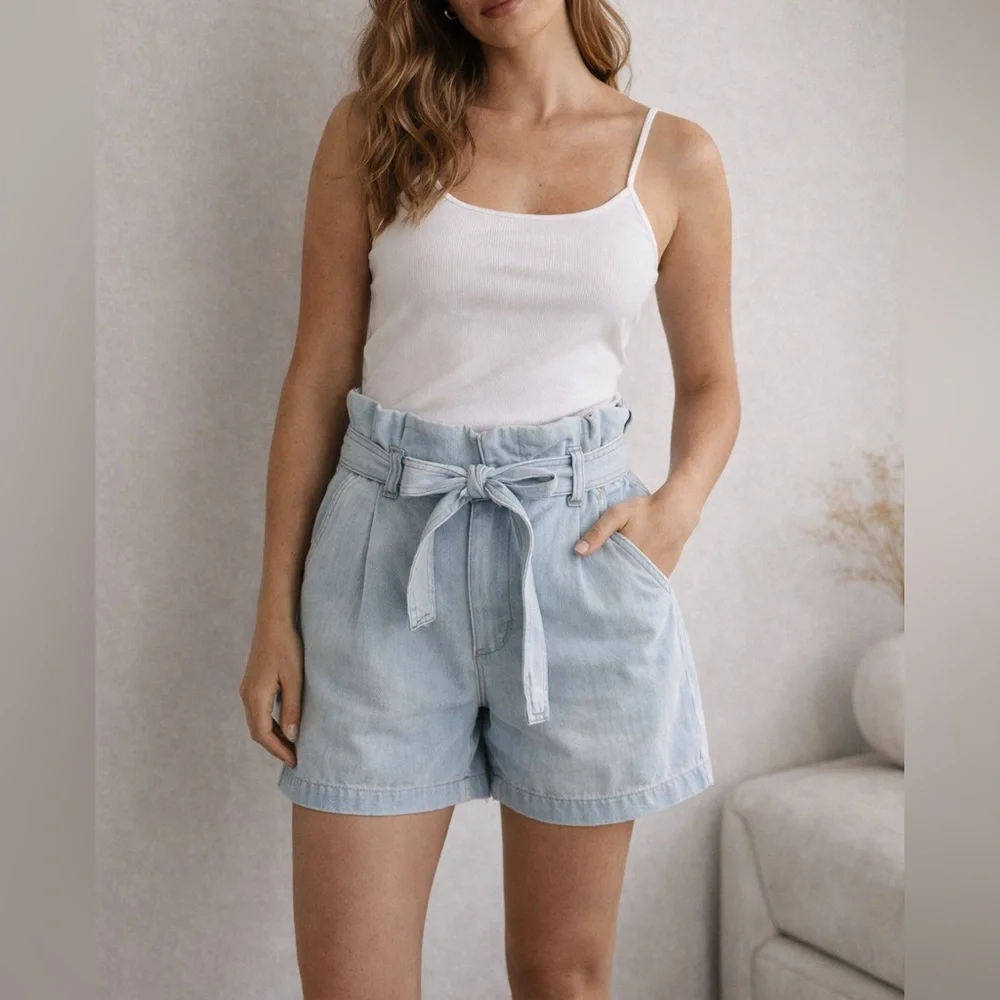 NYDJ Paperbag Waist Denim Shorts Tie Belt High Rise‎ Light Wash Size 6 Chic